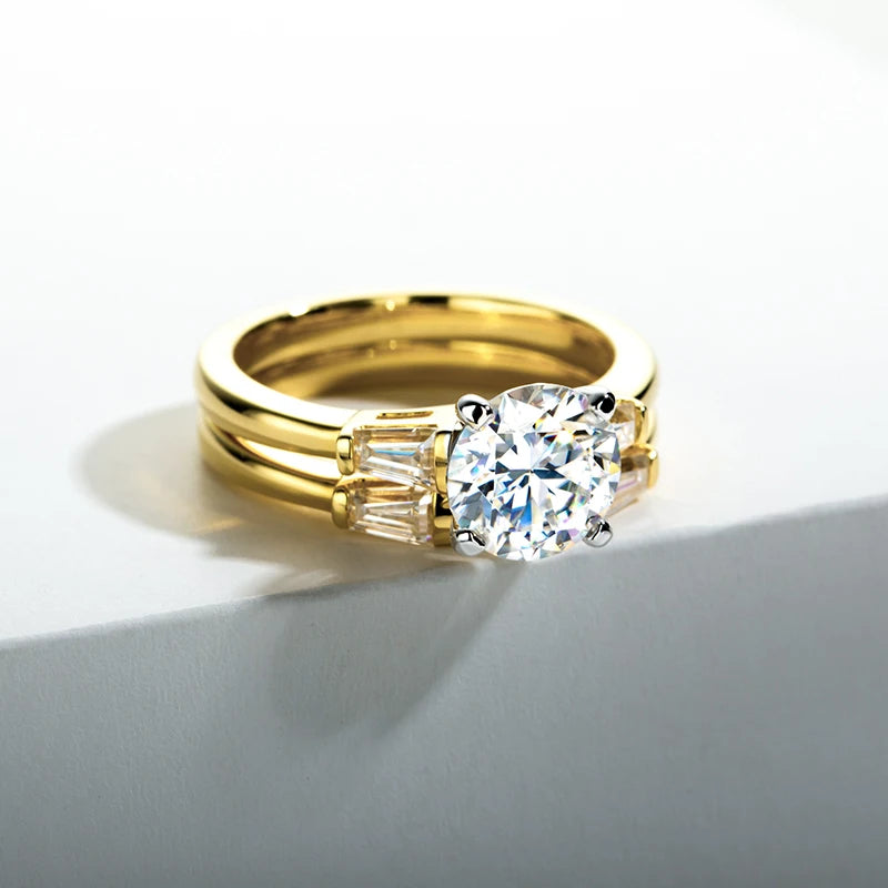 2 Carat All Moissanite Women 925 Sterling Silver Wedding Yellow Color Ring Sets Engagement Jewelry