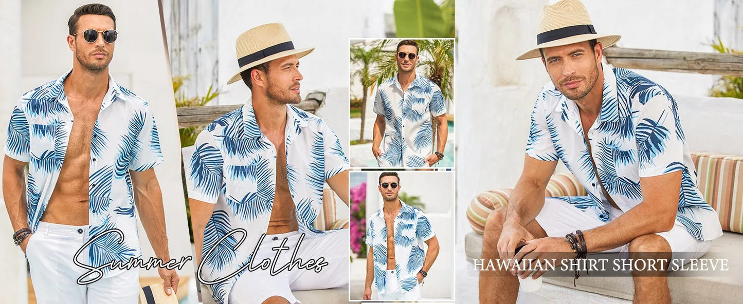 American casual full-print shirt men's Hawaii beach travel vacation short-sleeved shirt handsome casual Japanese style
