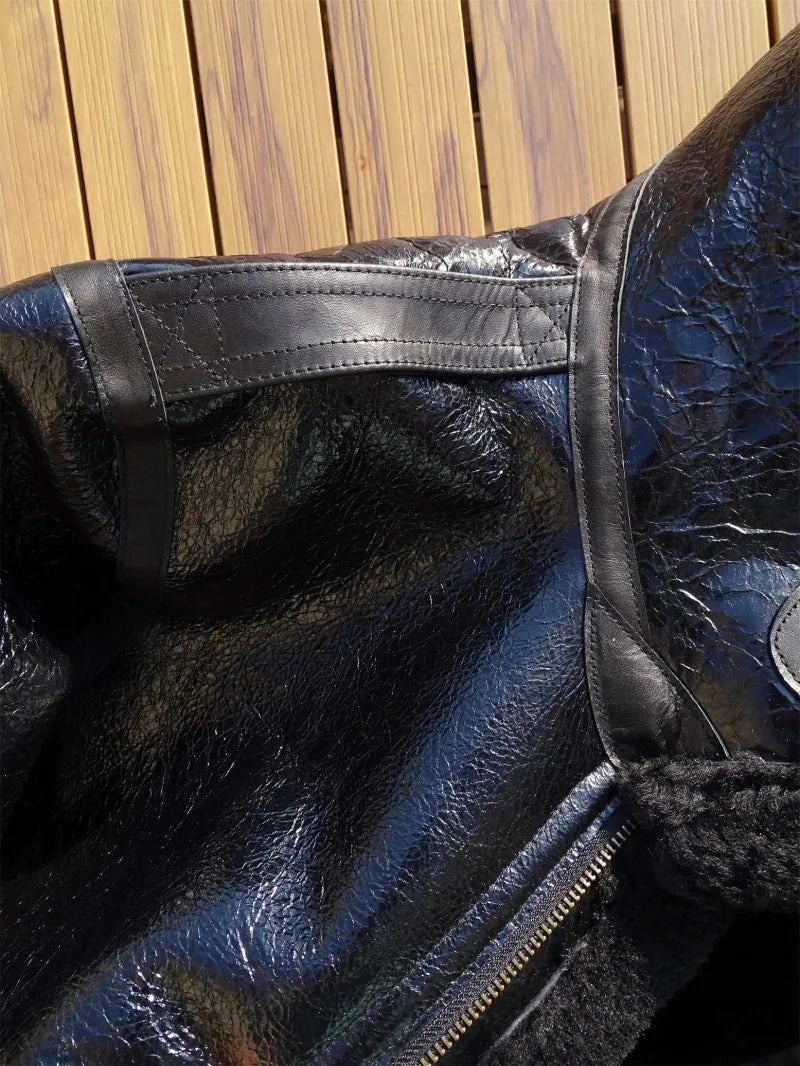Mens Oil Waxed Sheepskin Motorcycle Short Coat Lapel Winter Real Fur Jackets Warm Wool Lining Genuine Leather Pilot Jacket Male
