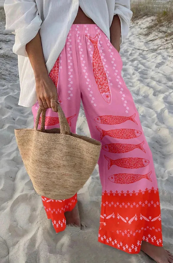 Ladies Beach Pants High Quality Pure Cotton Fabric Blue Fish Graphic Printing Chic Trend Fashion New Loose Wide Leg Trousers
