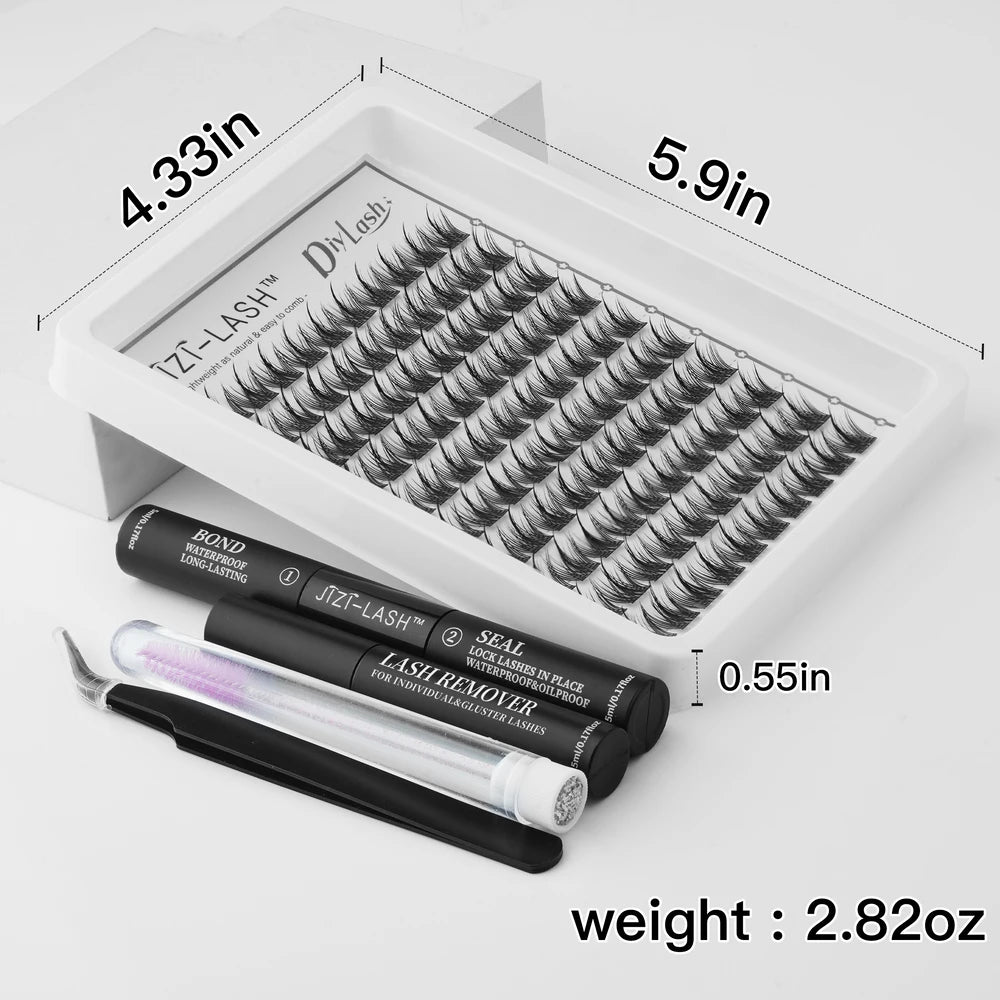 JIZI-LASH False Eyelashes Extensions Kit Lash Bond and Seal Lashes Remover Set 100Pcs DIY Long Clusters D Curved Make Up Tool