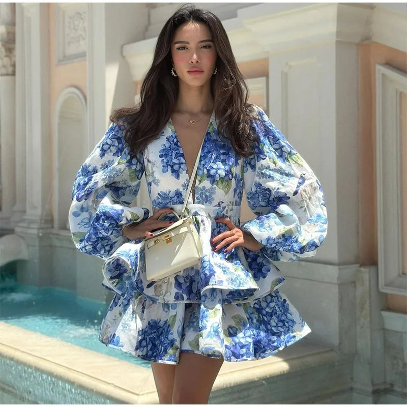 Floral Ruffled Hem Mini Dress – Women’s Deep V-Neck Lantern Sleeve Elegant Party Outfit