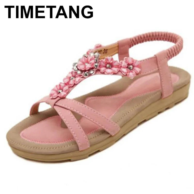 TIMETANGصنادل مريحة بكعب مسطح للنساء مقاس كبير أحذية صيفية للنساء أحذية شاطئ بوهيمية مزينة بأحجار الراين