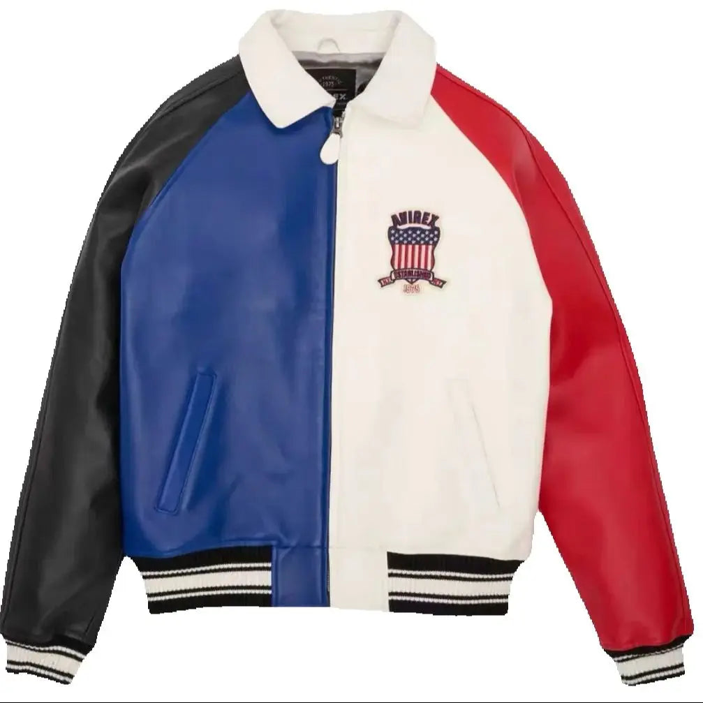 Avirex Colorblocked Men's French Sheepskin Jacket Flight Suit Genuine Leather Leather Jackets US Size Fashion Casual Coat tops