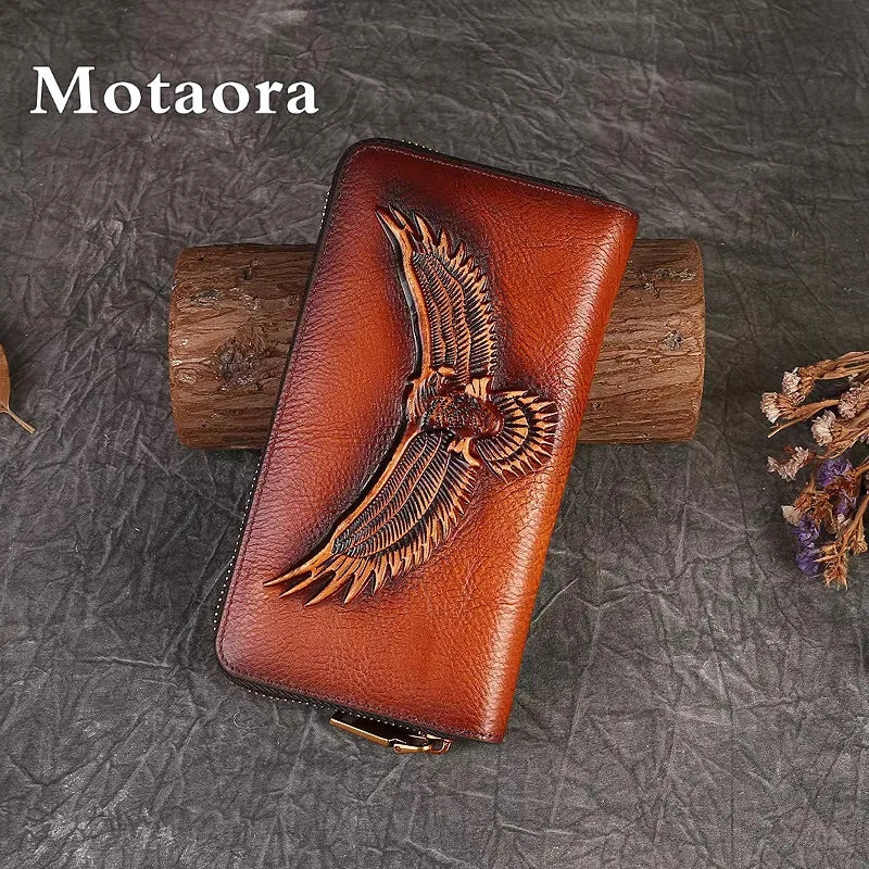 MOTAORA Genuine Leather Wallet for Men & Women Large Capacity Embossed Bifold Coin Purse with Zipper RFID Card Holder Zip Bag