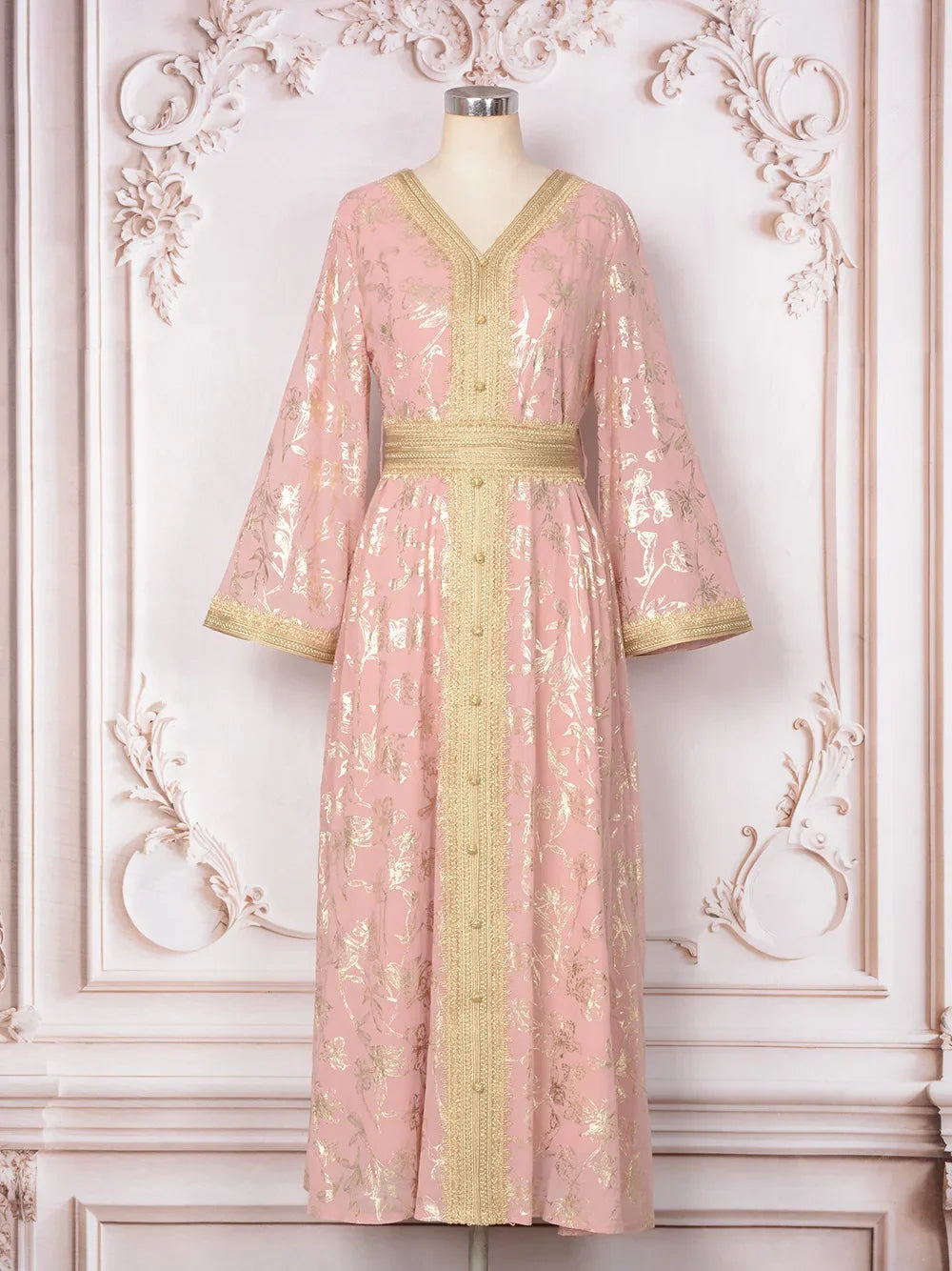KAF Dubai Luxury Evening Party Dress 2025 Spring Fall New V-neck Long Sleeve Retro Printing Design Loose Large Size Female Abaya