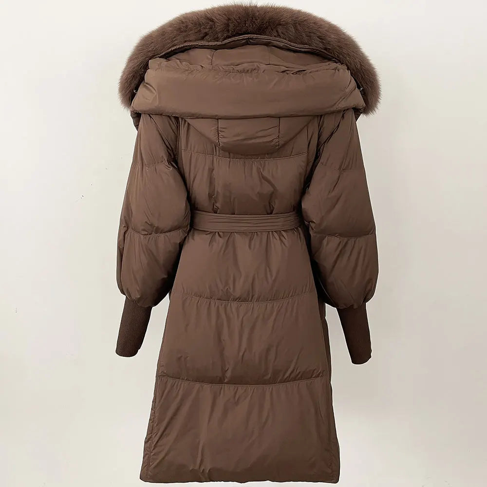 2025 Autumn Winter Women Coat Real Natural Fox Fur Long Down Jacket Thick Warm Casual Hooded White Duck Down Elegant Overwears
