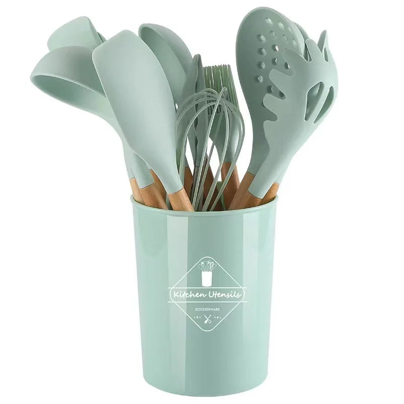 12Pcs Silicone Kitchen Utensils Cooking Wooden Handle Non Stick Pot Kitchenware Set Storage Bucket Silicone Kitchen Utensils