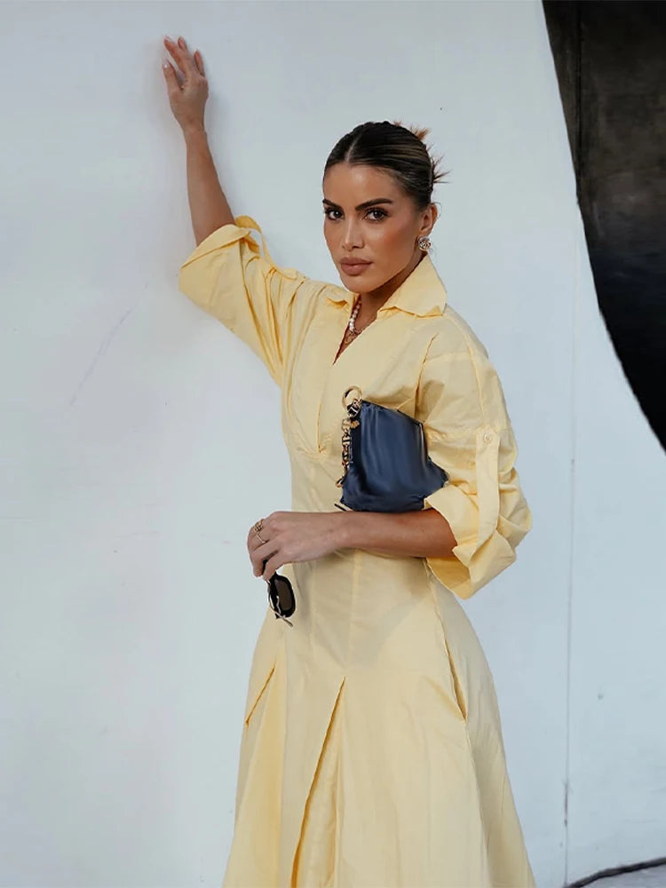 Elegant Lapel Waist-Cinched Pleated Shirt Dress – Women’s Half Sleeve Floor-Length Summer Style