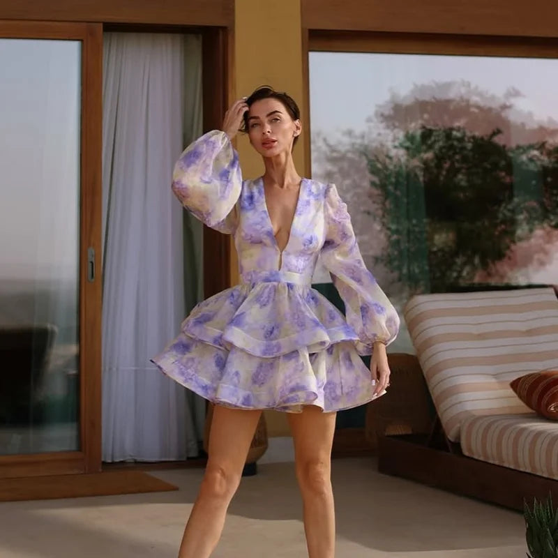 Floral Ruffled Hem Mini Dress – Women’s Deep V-Neck Lantern Sleeve Elegant Party Outfit