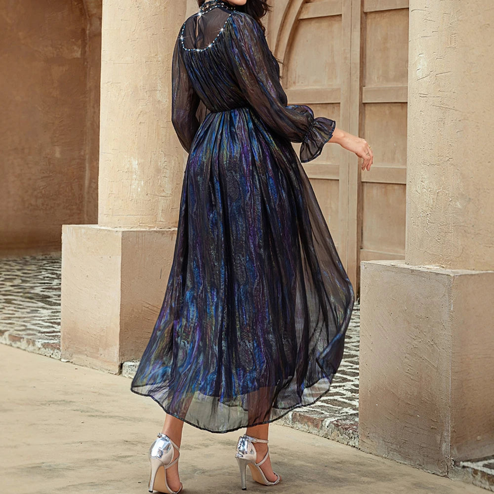 Rafiah Autumn Arabian Dress 2025 Women's Elegant Basics Contrast Color Diamonds Long Sleeve Mock Neck Gauze Dress