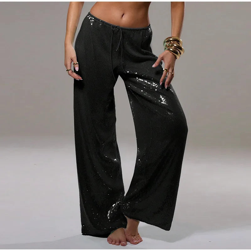 Loose Solid Color Sequin Pants Woman Cinched Waist Glitter Straight Baggy Long Pants Casual Street Chic Sparkle Women's Trousers