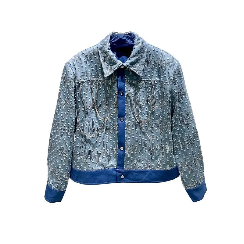 Mens Blue Denim Jacket Fashion Sequined Chain Turn-Down Collar Spring Autumn Short Coat Single Breasted Casual Outerwear Male