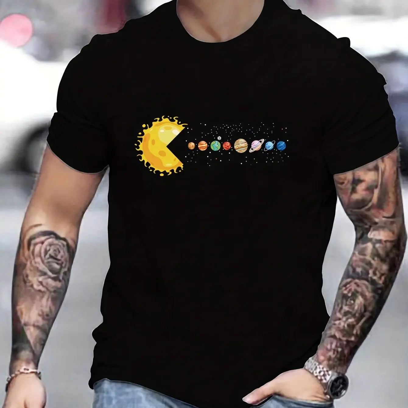 Men's 100% pure cotton summer loose and comfortable casual pac man style sun planets 🪐 eaten printed round neck short sleeved T-shirt top