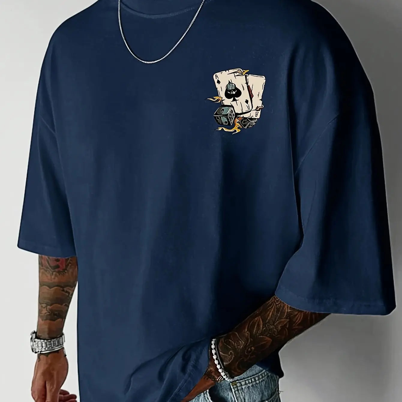 Men's summer 100% pure cotton fashionable casual loose spade a and dice printed round neck short sleeved T-shirt top