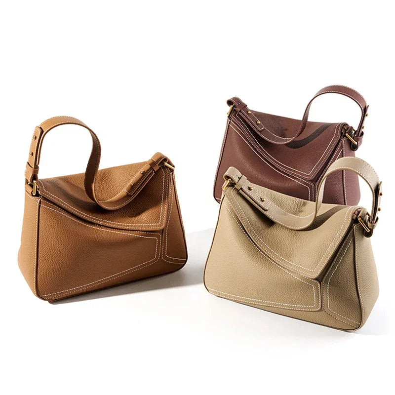 Women Genuine Leather Pillow Shoulder Bag – Geometric Design – Coffee, Khaki, Brown