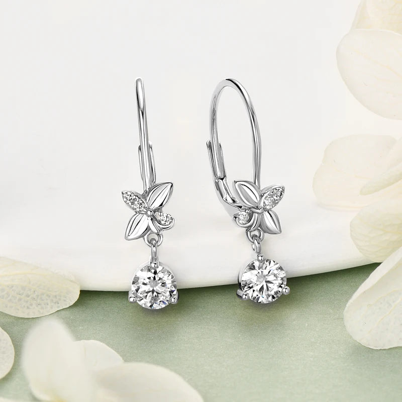 2024 Trend Real 925 Silver 5mm Round Moissanite Drop Clip Earrings for Women Four-leaf Clover Valentine Wedding Jewelry Gift