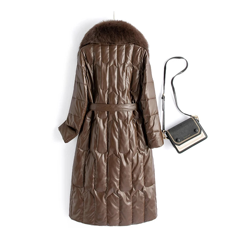 New Women Winter Leather Down Coat Fashion Real Fox Fur Collar Slim Waist Long Leather Coat Casual Thick Warm Overcoat