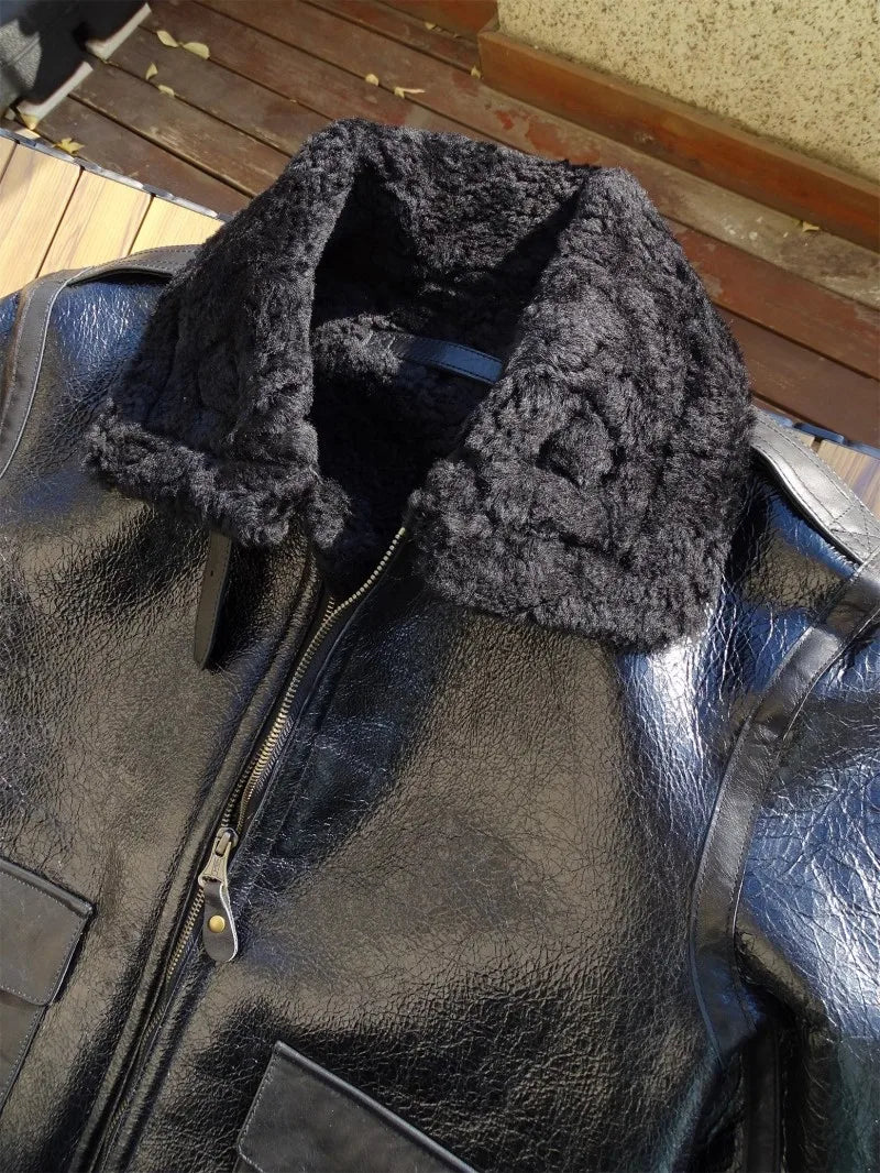 Mens Oil Waxed Sheepskin Motorcycle Short Coat Lapel Winter Real Fur Jackets Warm Wool Lining Genuine Leather Pilot Jacket Male