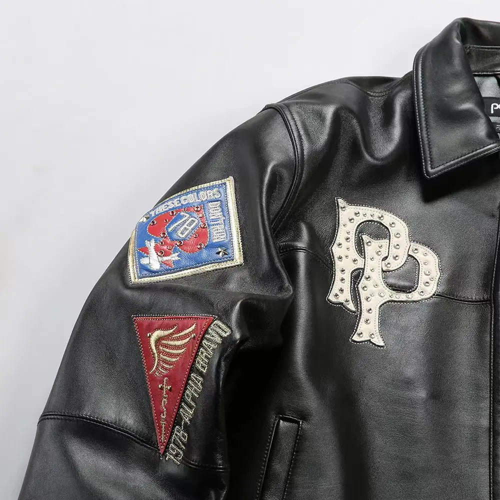 US size men's Hip Hop Sheep skin Varsity Jacket Embroidered Diamond Classic Casual Sport genuine leather Coat tops