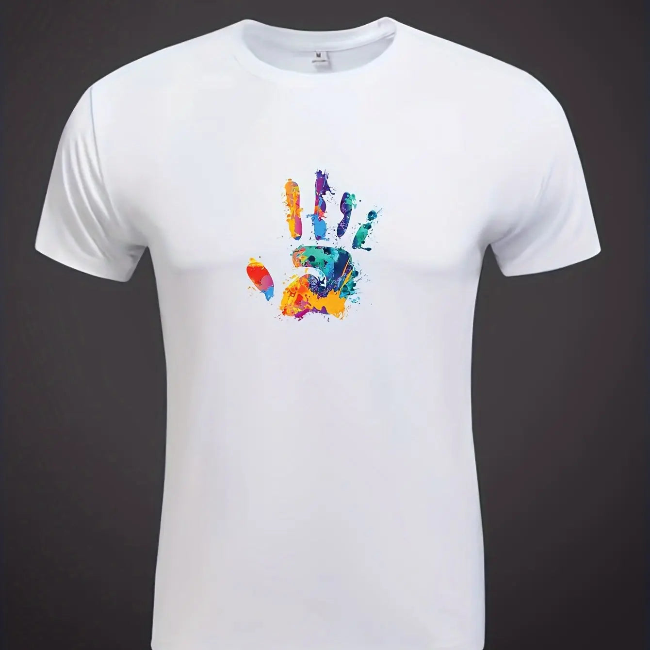 🖐️ Men’s Summer 100% Cotton Casual T-Shirt,Colorful Handprint Pattern | Loose Fit | Round Neck | Breathable Comfort