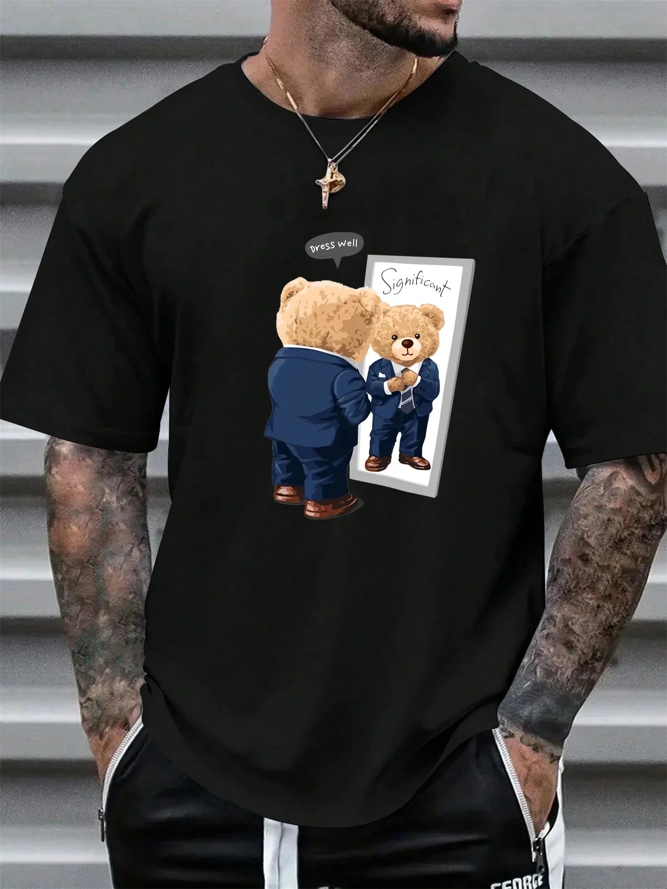 Men's Summer 100 Cotton Fashionable Casual Loose Large Cool Bear Printed Sports Round Neck Short Sleeve T-shirt Top