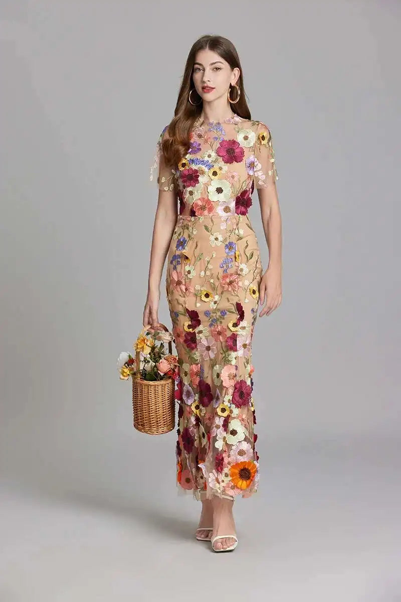 French Luxury 3D Flower Fishtail Lace Prom Dress – Women's Summer Short Sleeve Midi Evening Dress