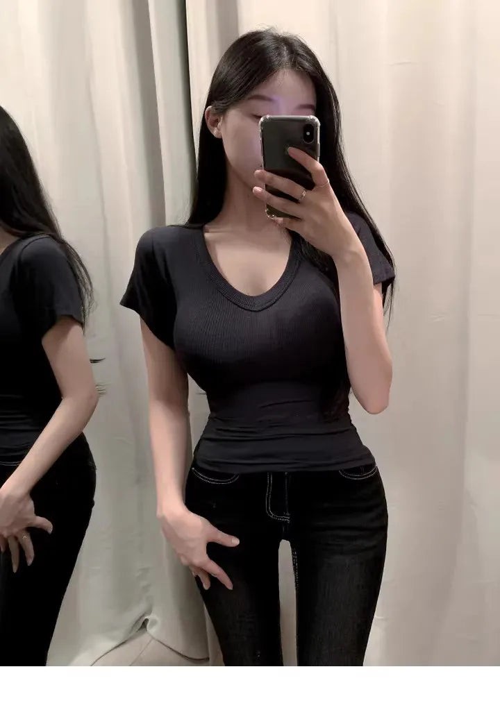 Faionable V-ne Tight-fit ort-sved T-irt Women's Inner Wear Body-a Tool Dongda Gate Modal Knitted Top