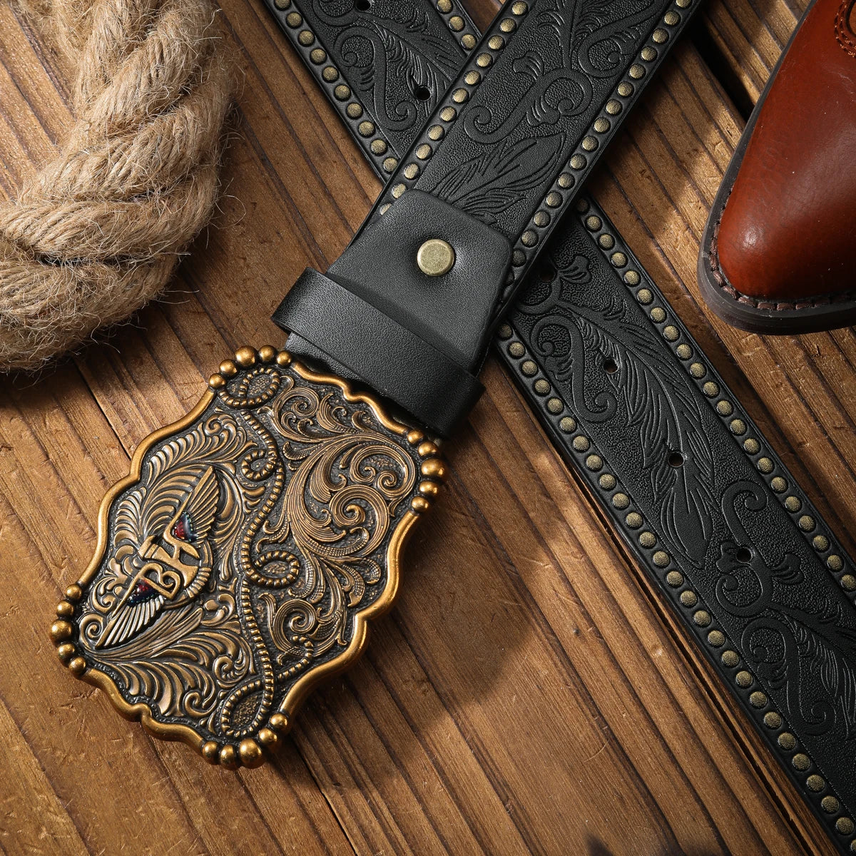 A classic retro PU material embossed belt metal plate buckle head men and women the same daily casual delivery punch nails