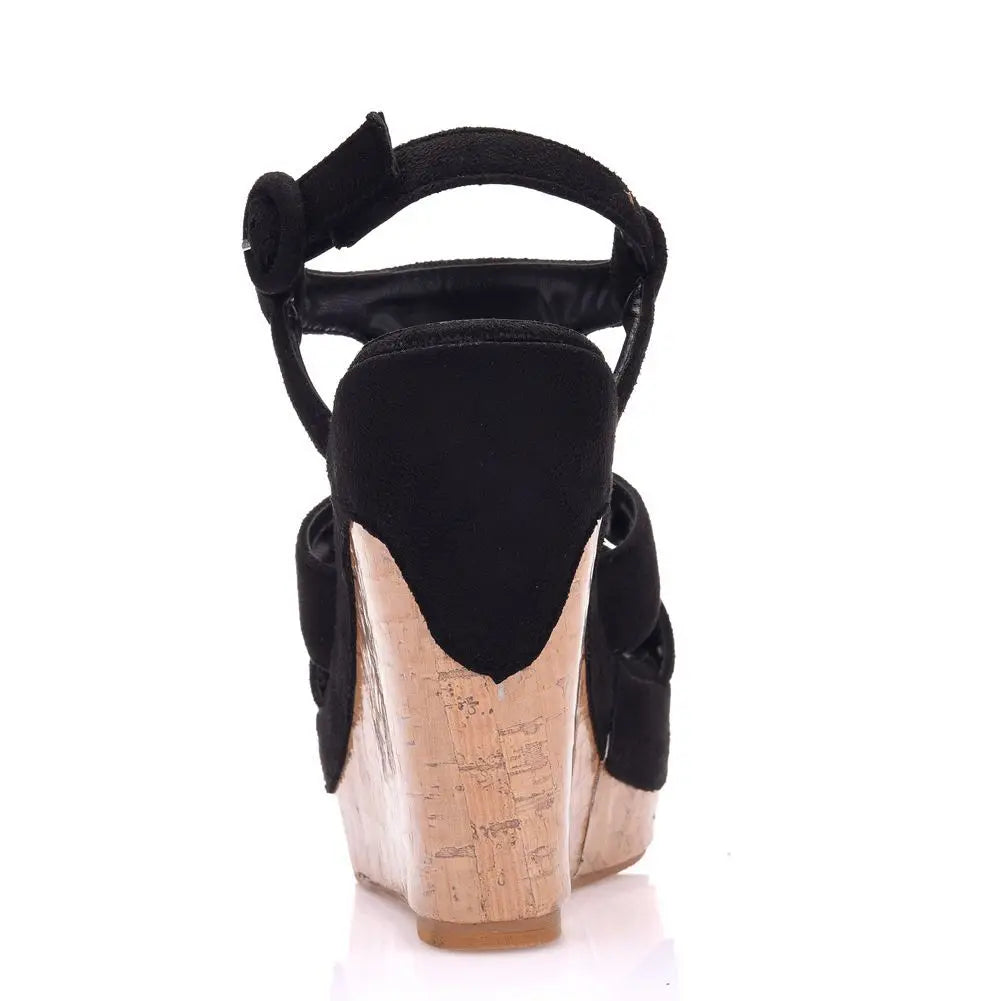 Women’s Summer Flock Sandals – 12CM Wedge Heels with Buckle Strap, White