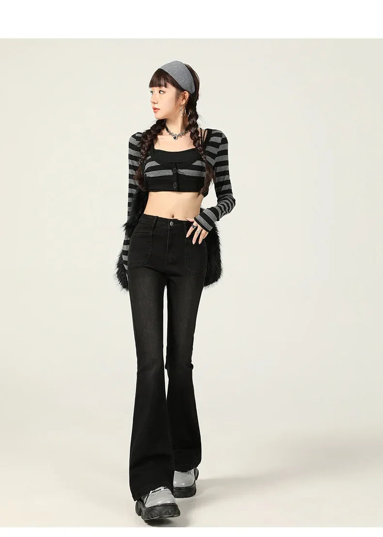 American Style Vintage Jeans Women's Slim Fit High Street Bootcut Pants 2024 Autumn Winter Slimming Petite Bootcut Trousers