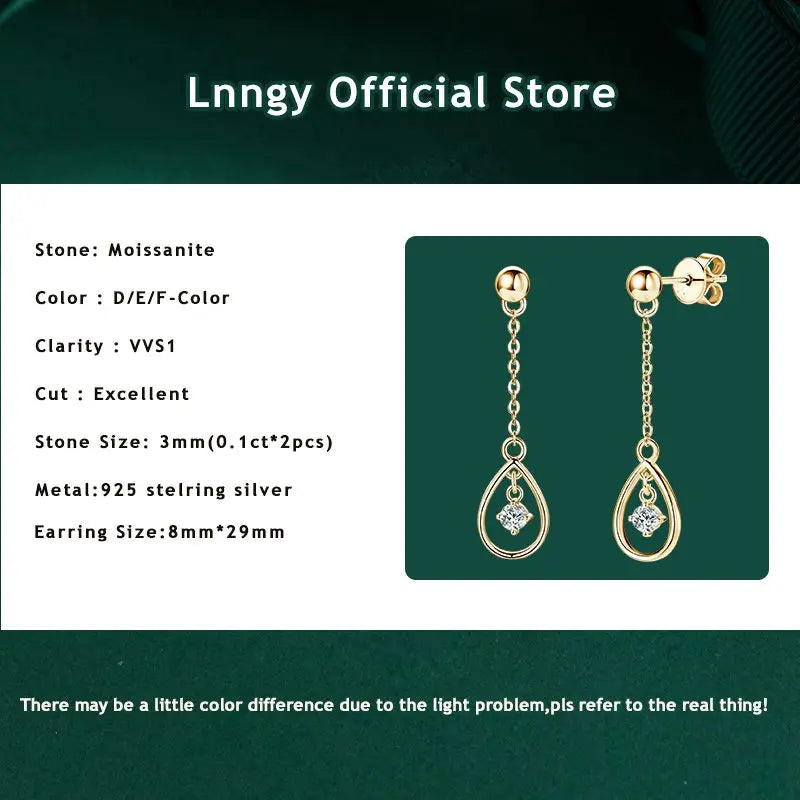 Lnngy Exquisite Round Cut 3mm Moissanite Earrings For Women 925 Sterling Silver Waterdrop Dangle Earring Wedding Jewelry Gift