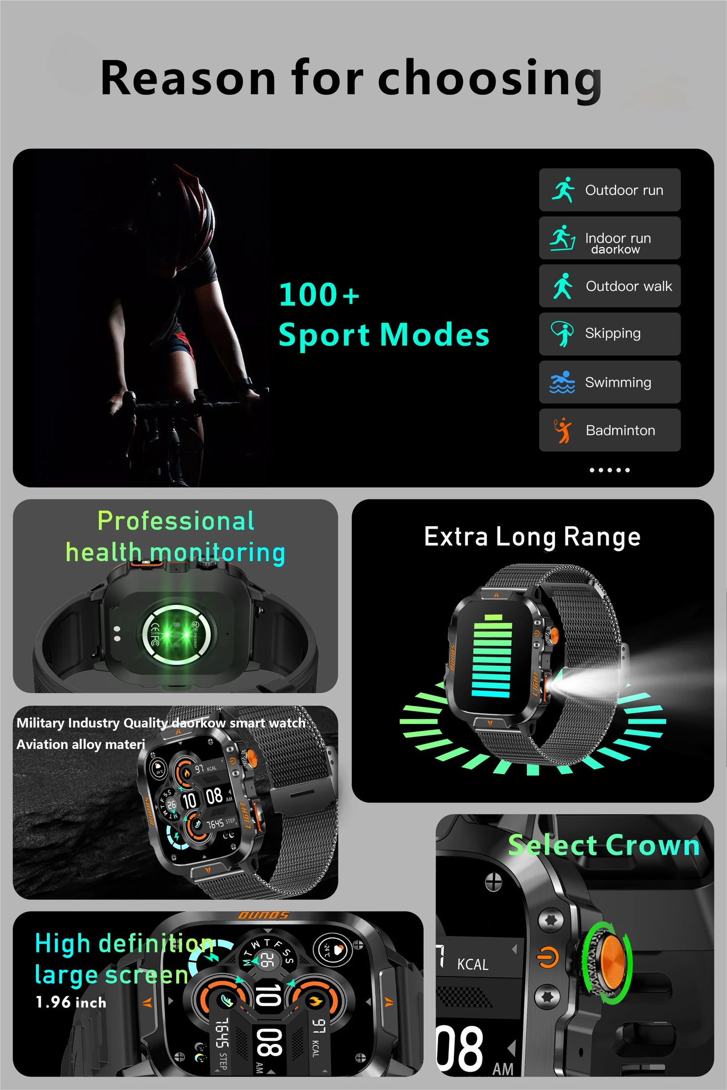 LIGE Military Smart Watch Men 1.96" Screen 3ATM Waterproof Bracelet Bluetooth Call AI Voice Sport Smartwatch With LED Flashlight