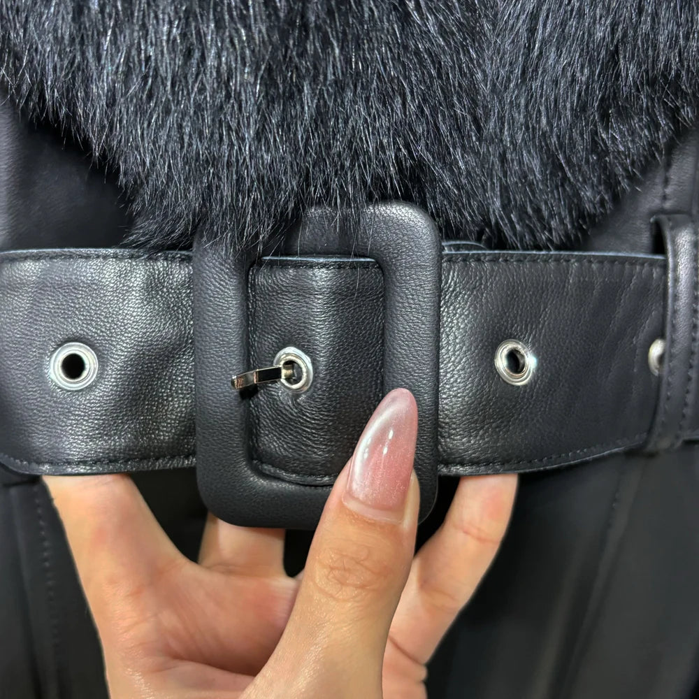 Black Leather Jacket With Fox Fur Collar Real Sheepskin Long Leather Jackets Leather Jacket Women 2025 Winter