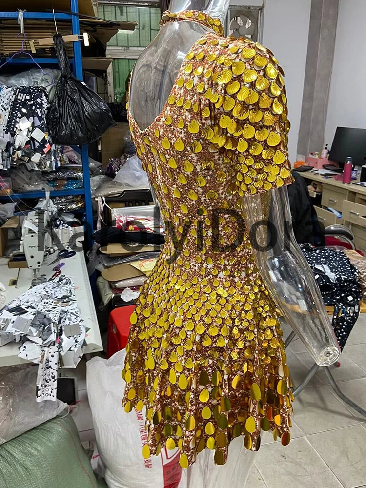 Sexy Black Shell Sequins Mini Dress Nightclub Dance High Quality Performance Clothing Bodysuit Birthday Red Dresses