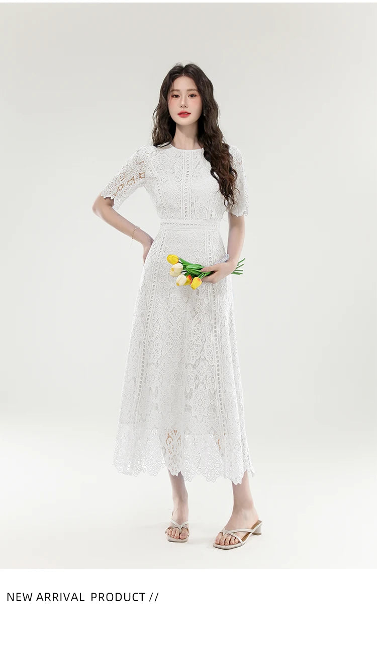 2025 New Summer French Elegant Fashion Evening Dress Women Lace Hollow Out Crochet Party Dress Casual Chic Holidays Clothing