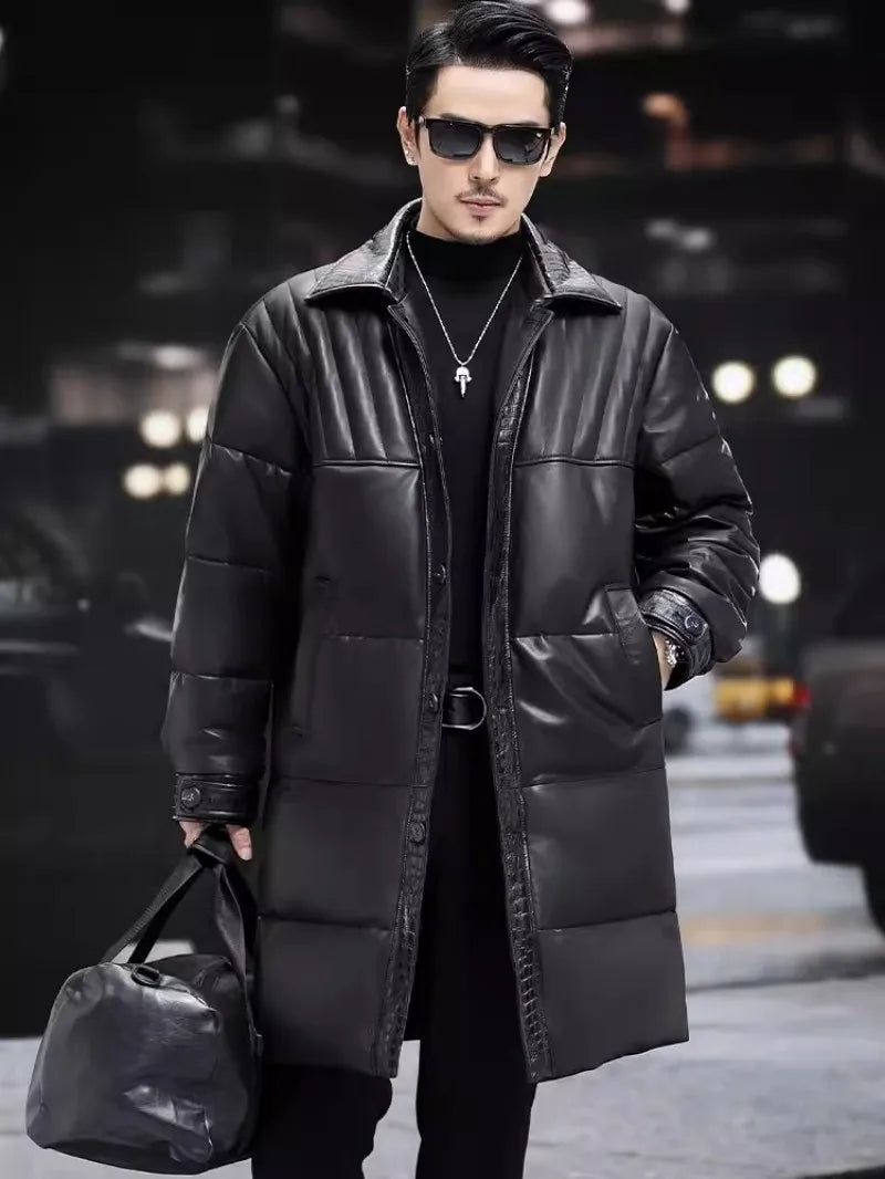 Winter Mens Sheepskin Genuine Leather Down Coat Thicken Warm Single Breasted Turn-Down Collar Medium Length Overcoat Size 5XL