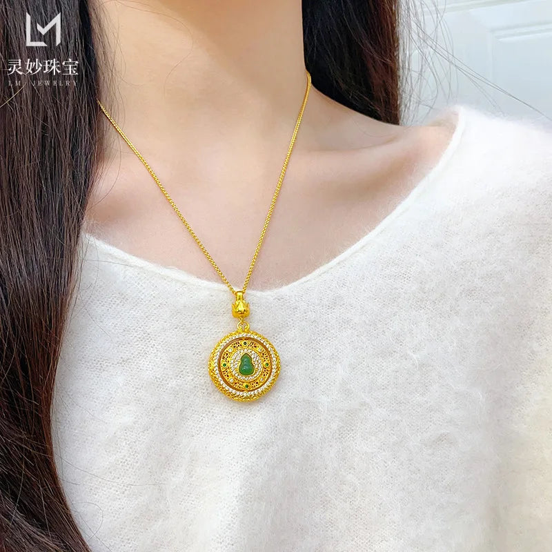 Women's 24K Gold Rotatable Hollow Pendant, AU999 | Distressed hollow-texture, rustic elegance for everyday grace.