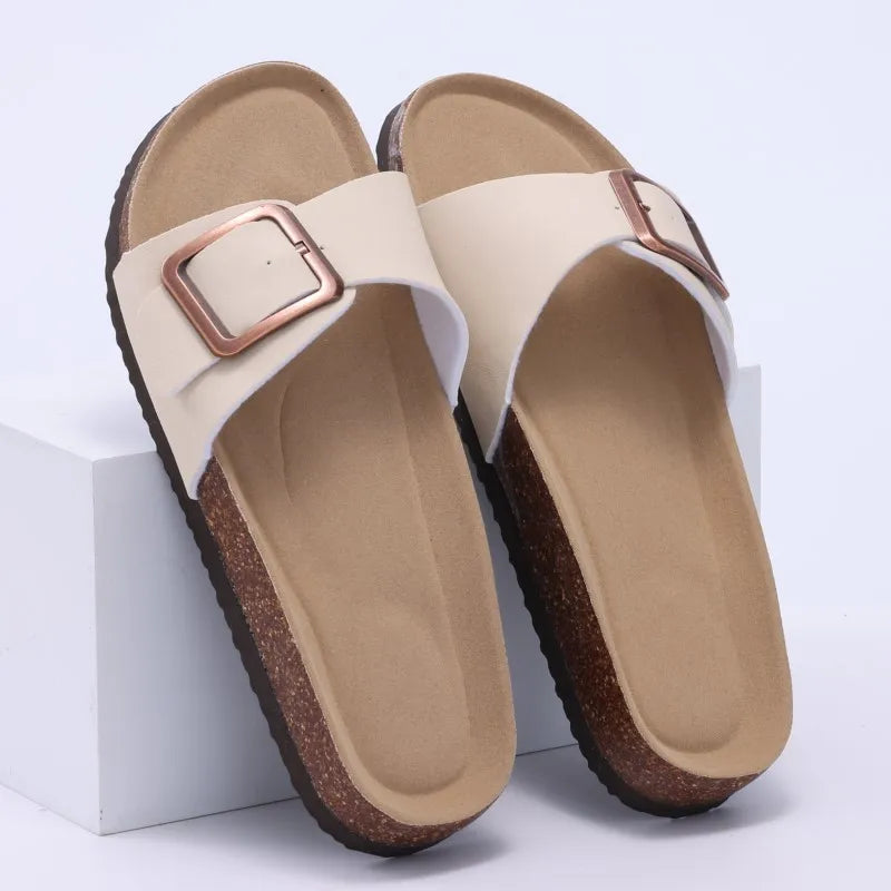 Crestar Women's Summer Cork Slippers 2025 New Outdoor Beach Flip Flops Fashion Leather Orthopedic Sandals With Adjustable Buckle
