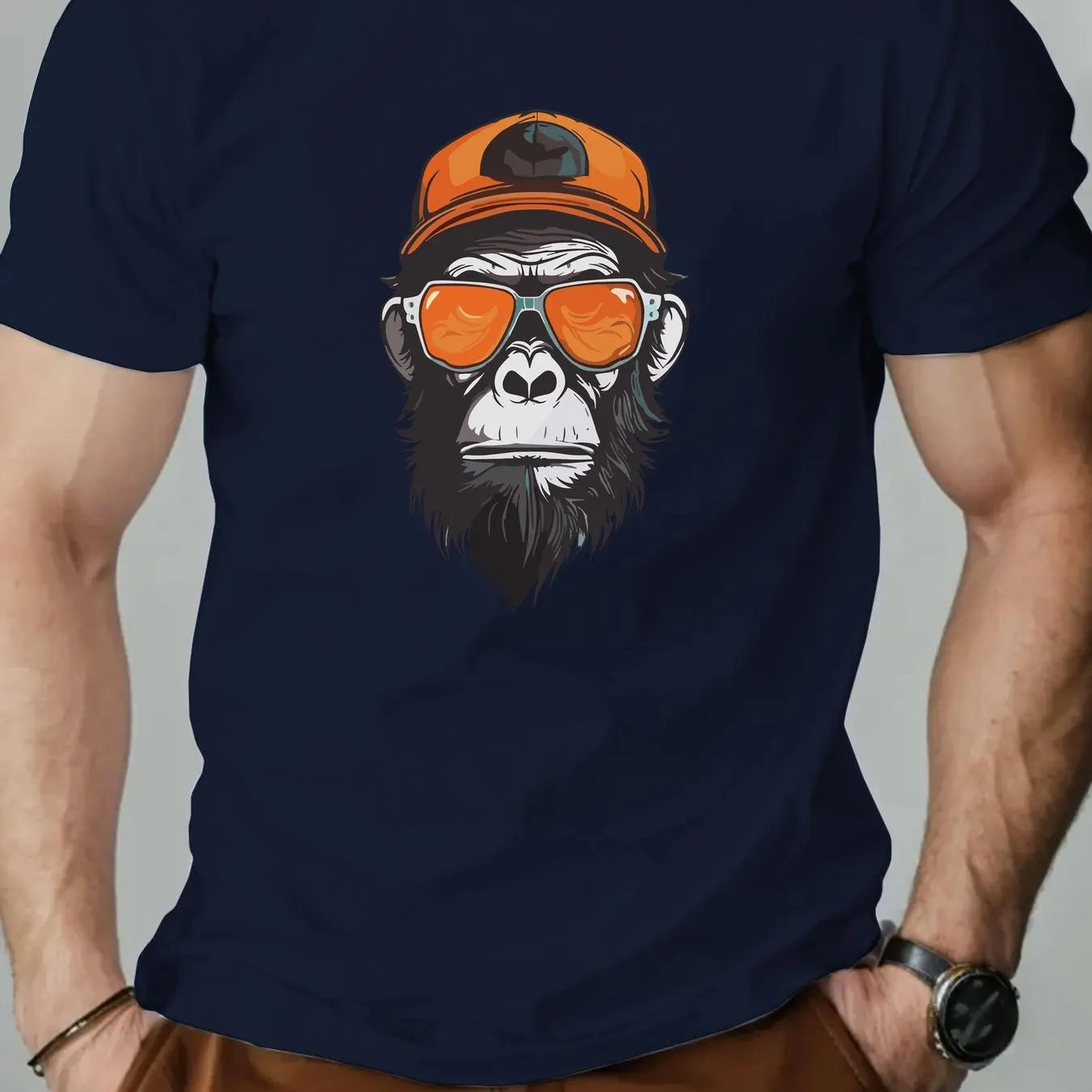 Men's summer 100% pure cotton fashionable casual sports loose monkey with sunglasses π glasses pattern printed round neck short sleeved T-shirt top