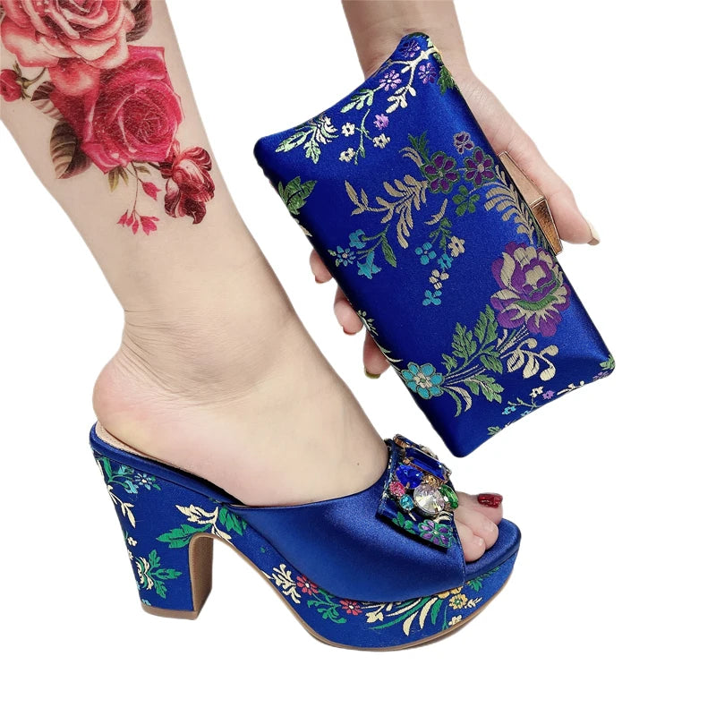 Gladiator Sandals & Bag Set – Green Rhinestone Embroidery, High Heel Party Shoes