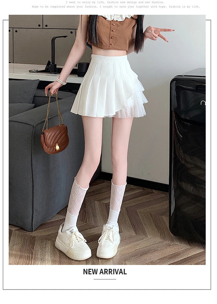 Slimming A-Line Skirt for ort Women High Waist Pleated Commuter Sle Net Gauze f Body Skirts Fem Faion