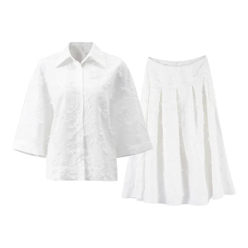 Street Shirt & Skirt Set – Women’s Turn-Down Collar Button Top with High Waist Pleated Skirt – Spring/Summer 2025
