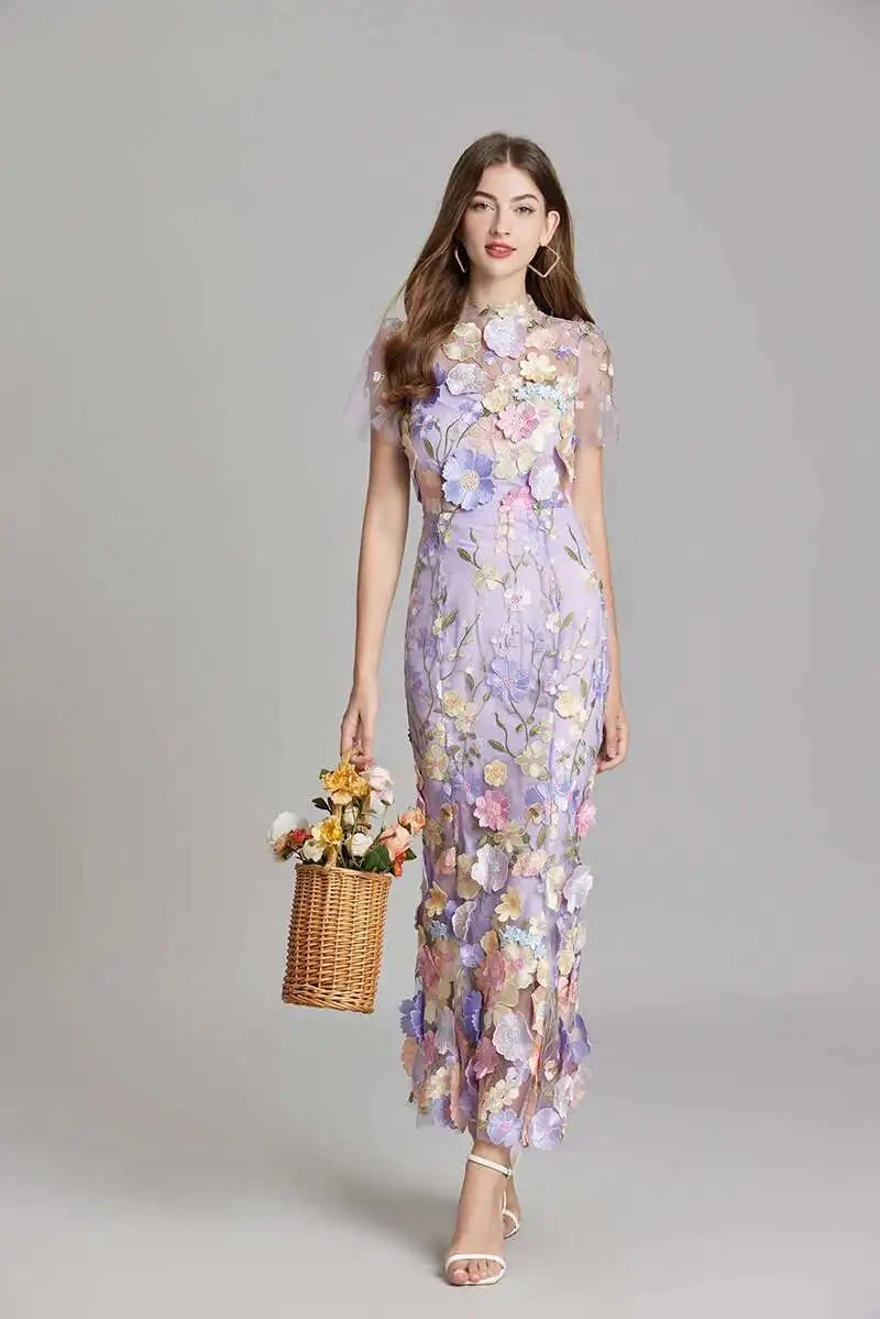 French Luxury 3D Flower Fishtail Lace Prom Dress – Women's Summer Short Sleeve Midi Evening Dress