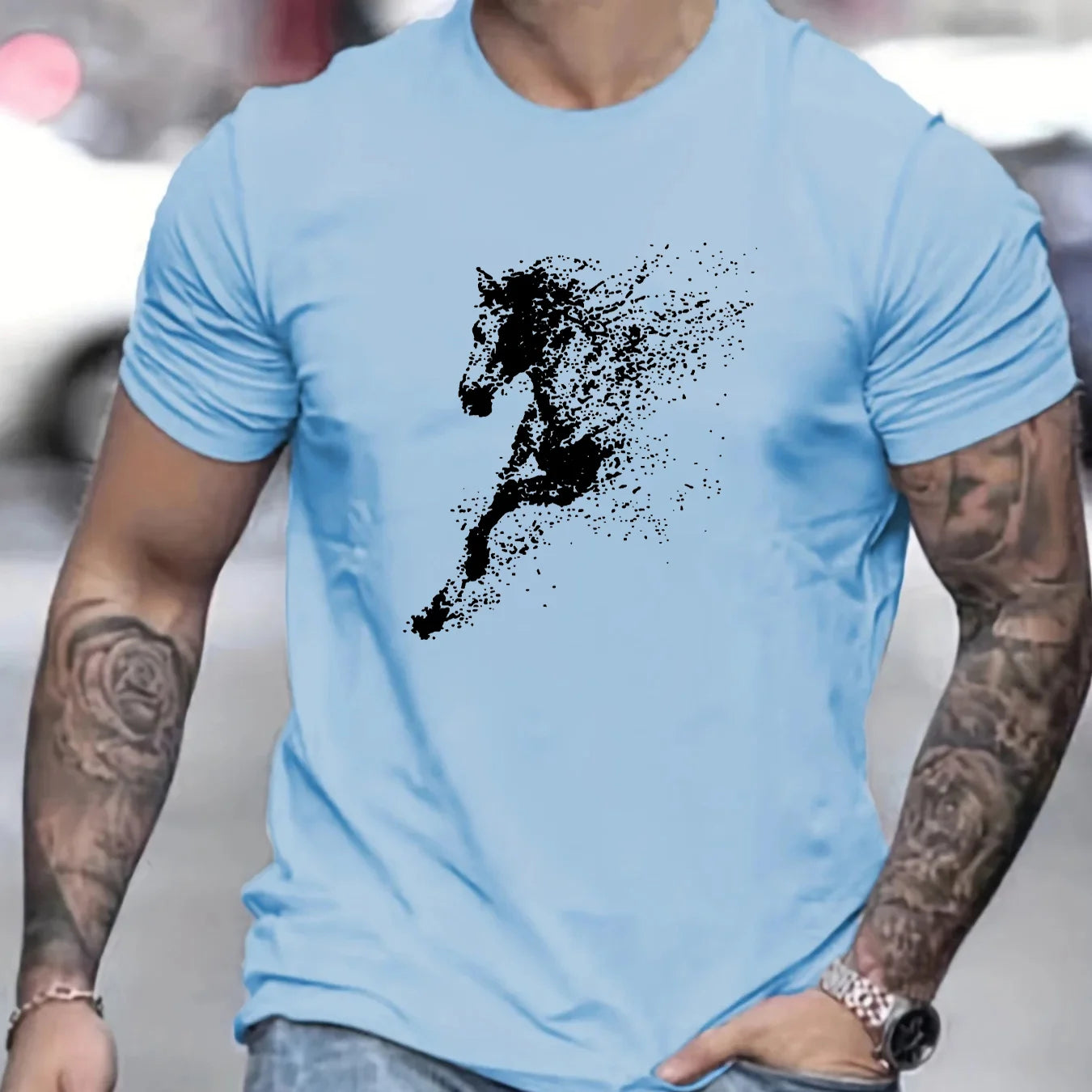 Men's Summer 100% Cotton Fashionable Casual Loose Large Black Horse Pattern Printed Round Neck Short Sleeve T-shirt Top