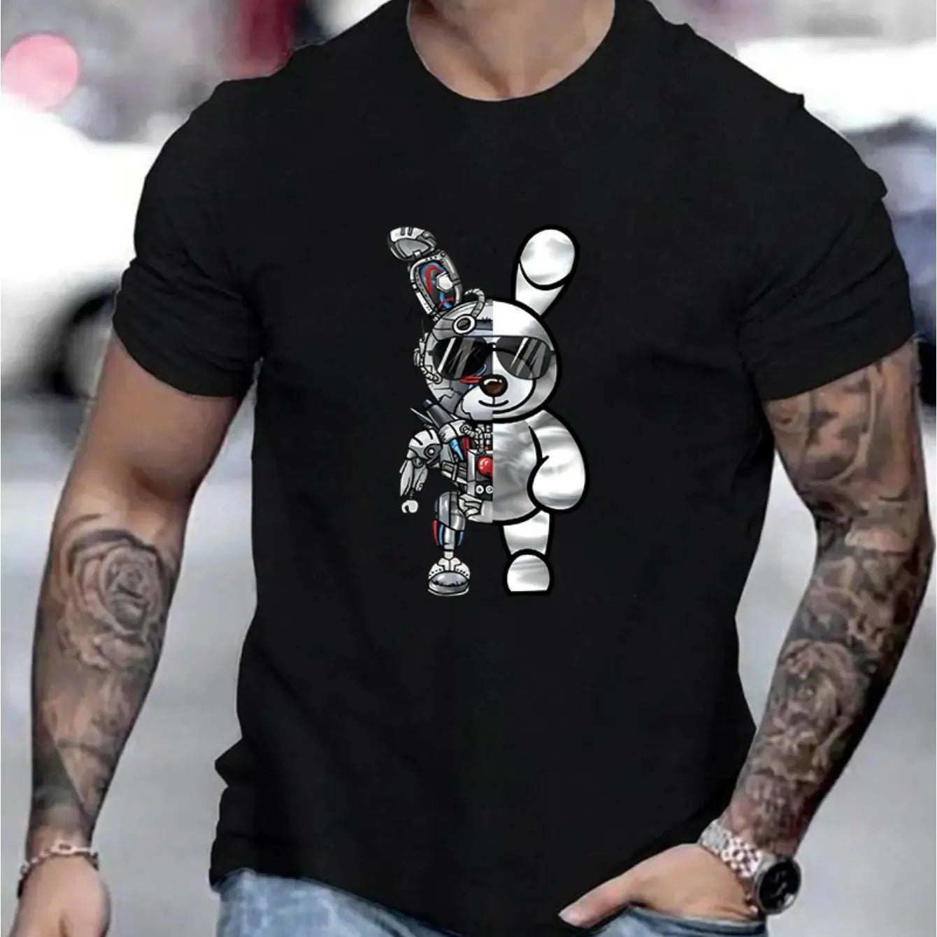 Men's summer 100 cotton fashionable casual loose cartoon mechanical Robot 🤖 Rabbit pattern printed round neck short sleeved T-shirt top