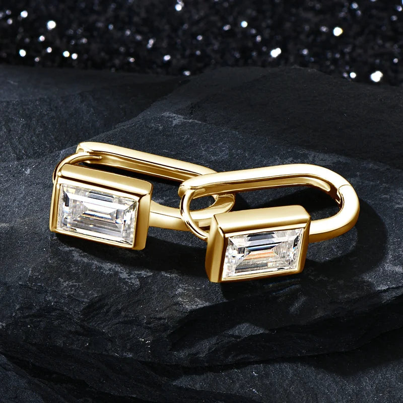 Lnngy 925 Sterling Silver U-shaped Hoop Earrings Emerald Cut 5*7mm Moissanite Earring For Women Girls Korean INS Jewelry Gift