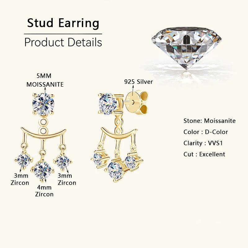 Lnngy Dazzling 5mm 0.5ct Moissanite Earrings For Women 925 Sterling Silver Double Wear Stud Earring Pendientes Plata 925 Jewelry