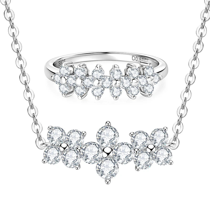 Lnngy Certified GRA Moissanite Ring Necklaces 925 Sterling Silver Cluster Flower Pendant Necklace Jewelry Set For Wedding Gift