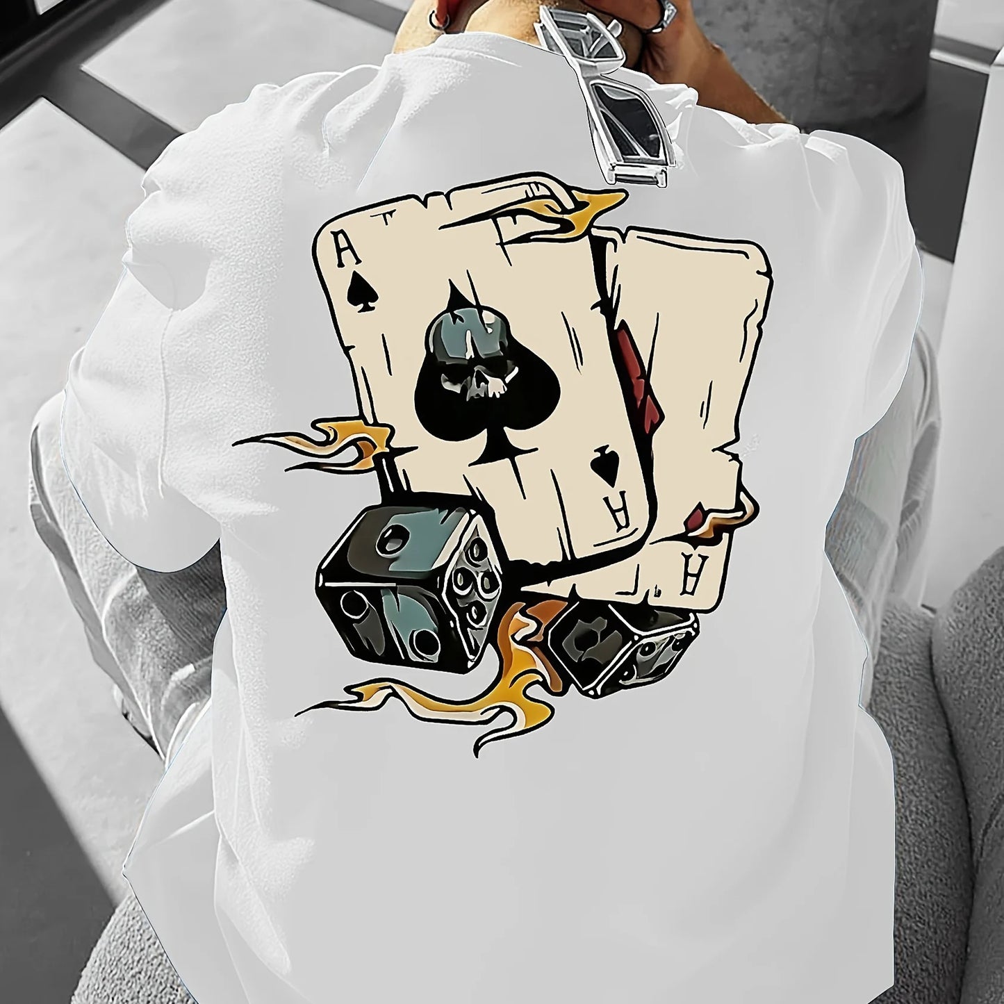 Men's summer 100% pure cotton fashionable casual loose spade a and dice printed round neck short sleeved T-shirt top